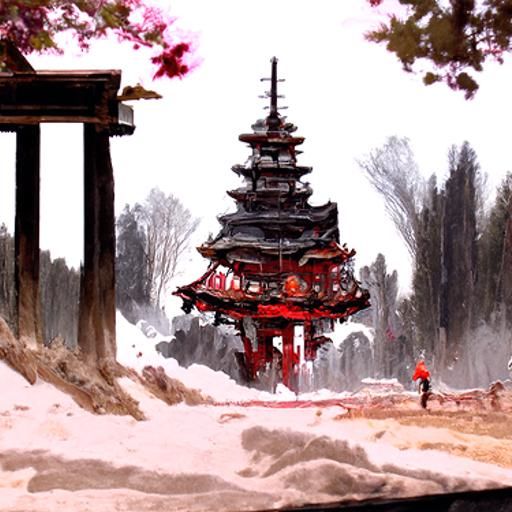 Red Pagoda with Sakura Trees in Ukiyo-e Style