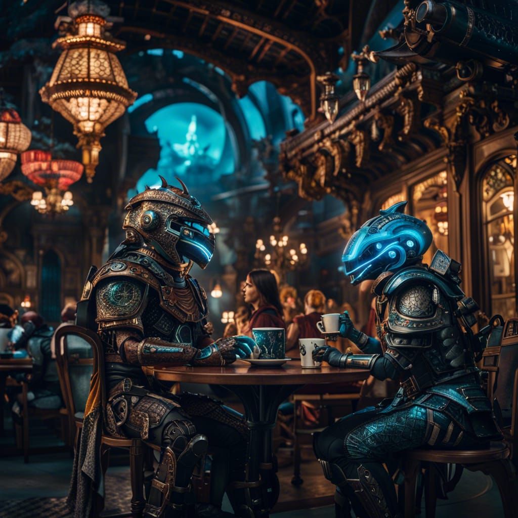 Bioluminescent Aliens and Mech Knights Drink Coffee