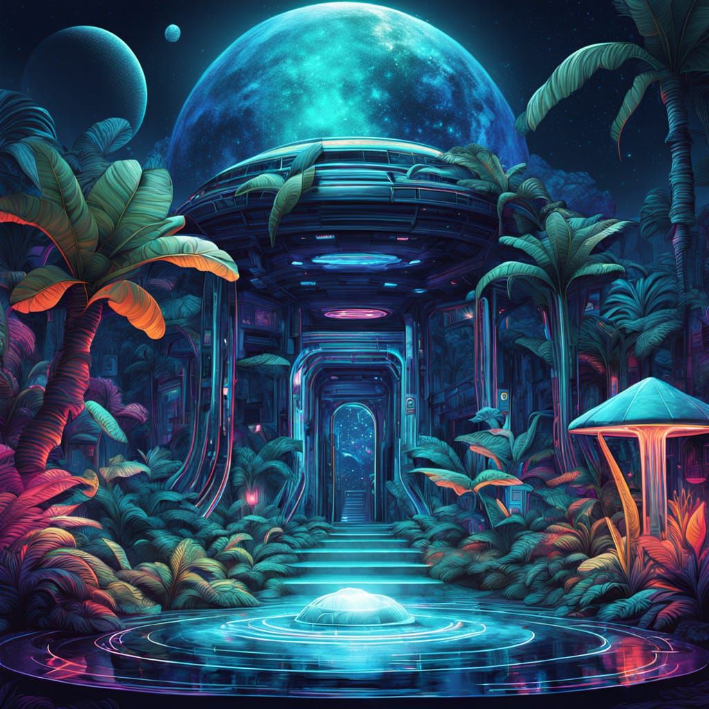 Cosmic Jungle Club in Vibrant Holographic Art