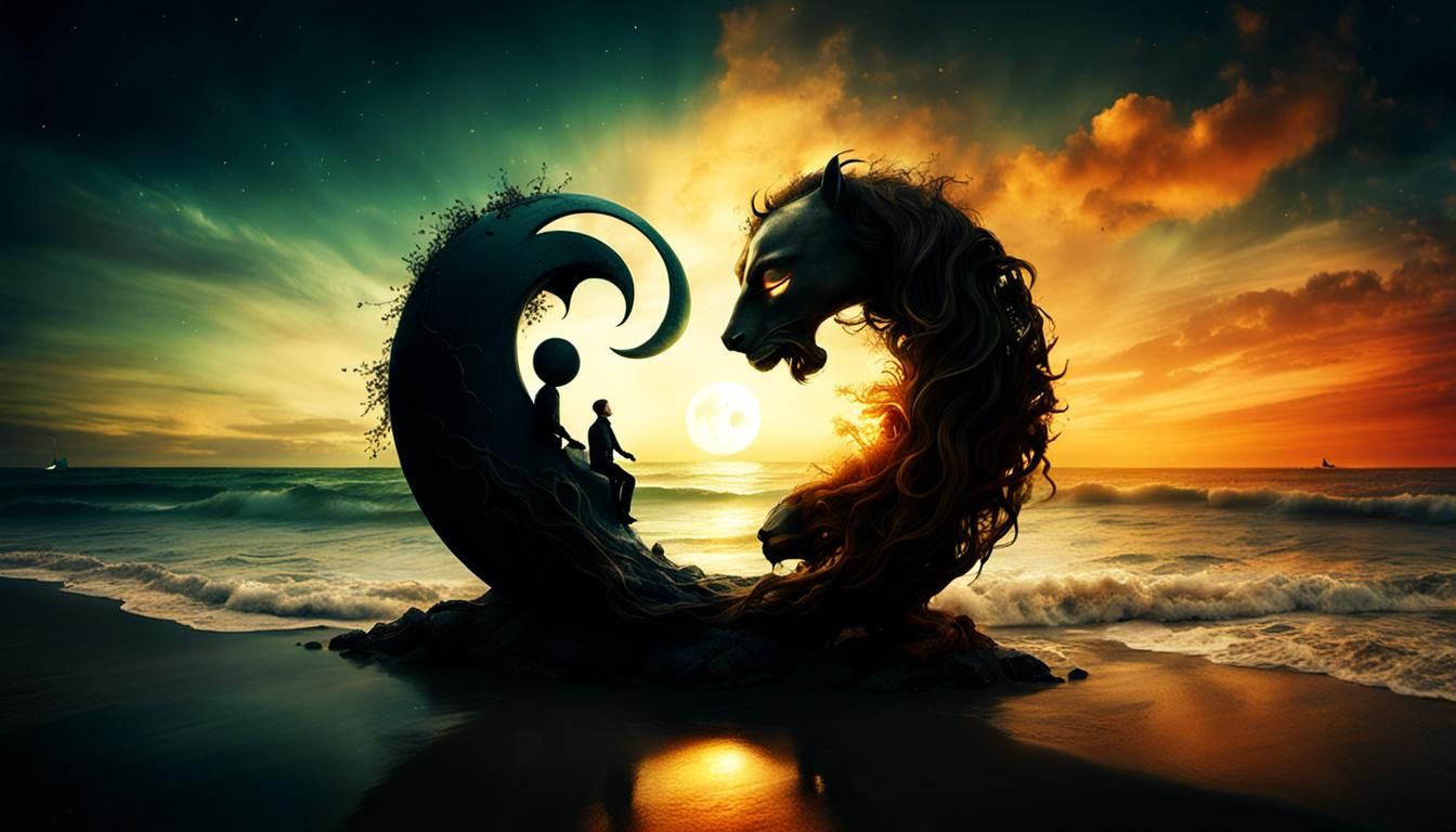 Yin Yang Sun Moon Surreal Beach Sunset