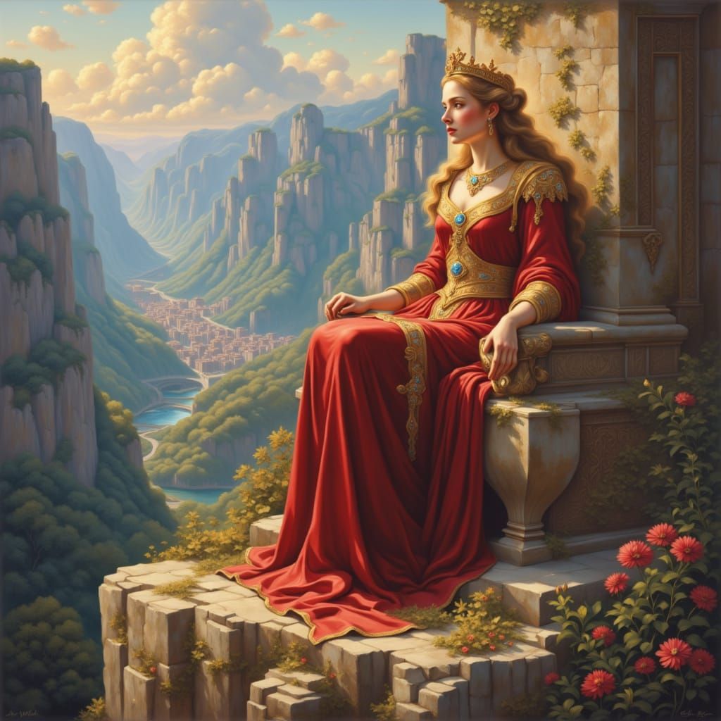 Queen on Mountain Throne Surveys Miniature Kingdom