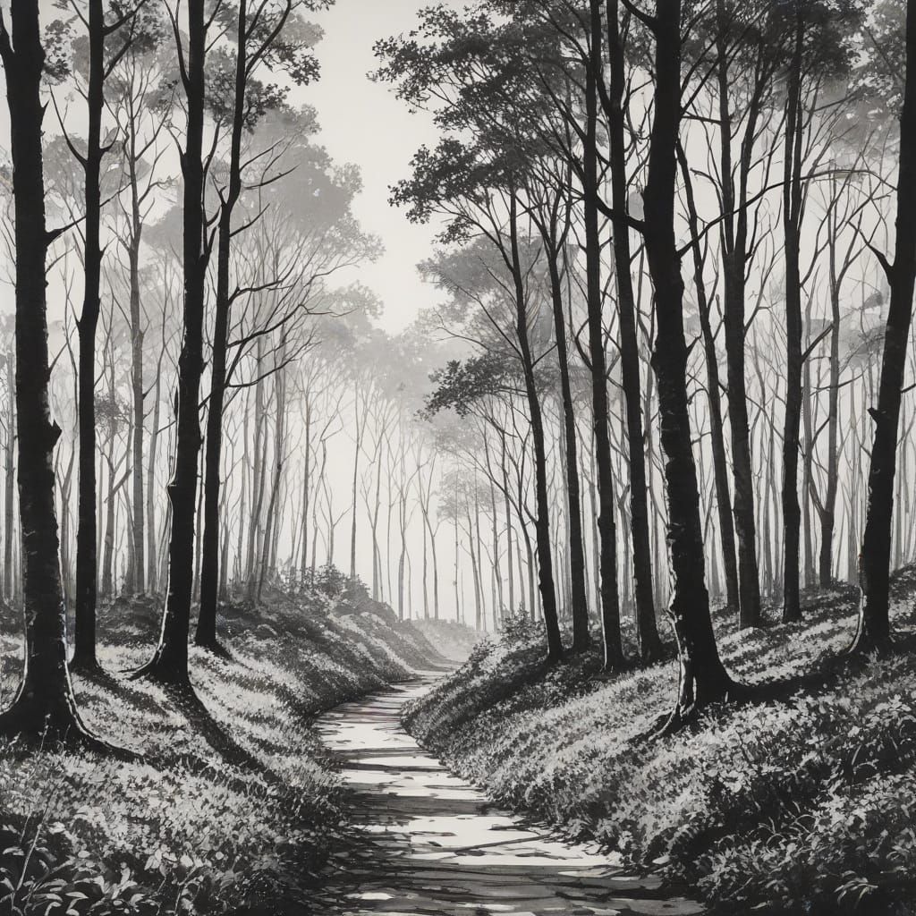 Minimalist India Ink Forest Sketch as Single Line Art