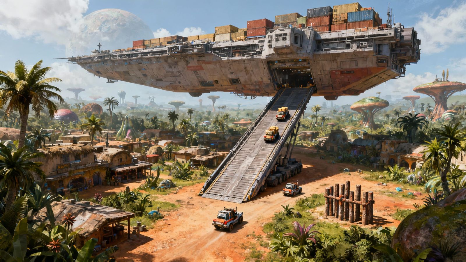 Sci-Fi Cargo Ship Lands in Alien Jungle Town