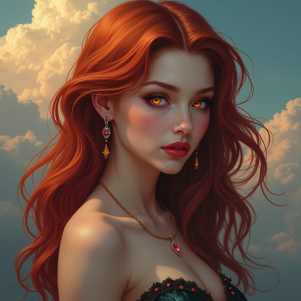 Sorceress in Ombre-Hued Clouds with Auburn Locks