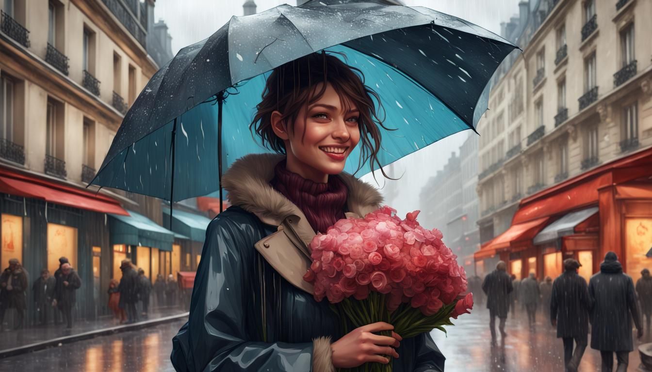 Parisian Flowers: A Hyperdetailed Portrait in the Rain