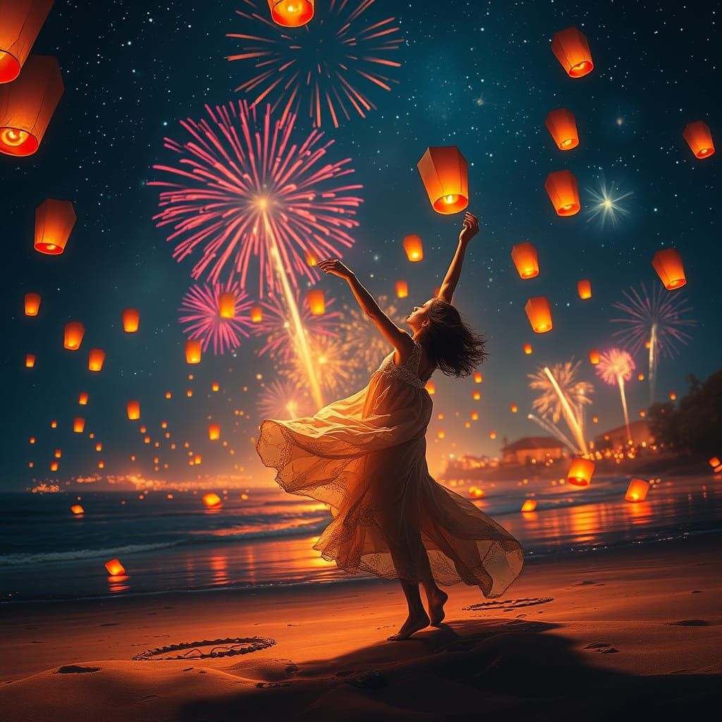Woman Dancing on Beach with Fireworks, Digital Painting