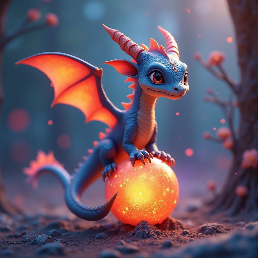 Whimsical 3D Dragon on Glowing Orb