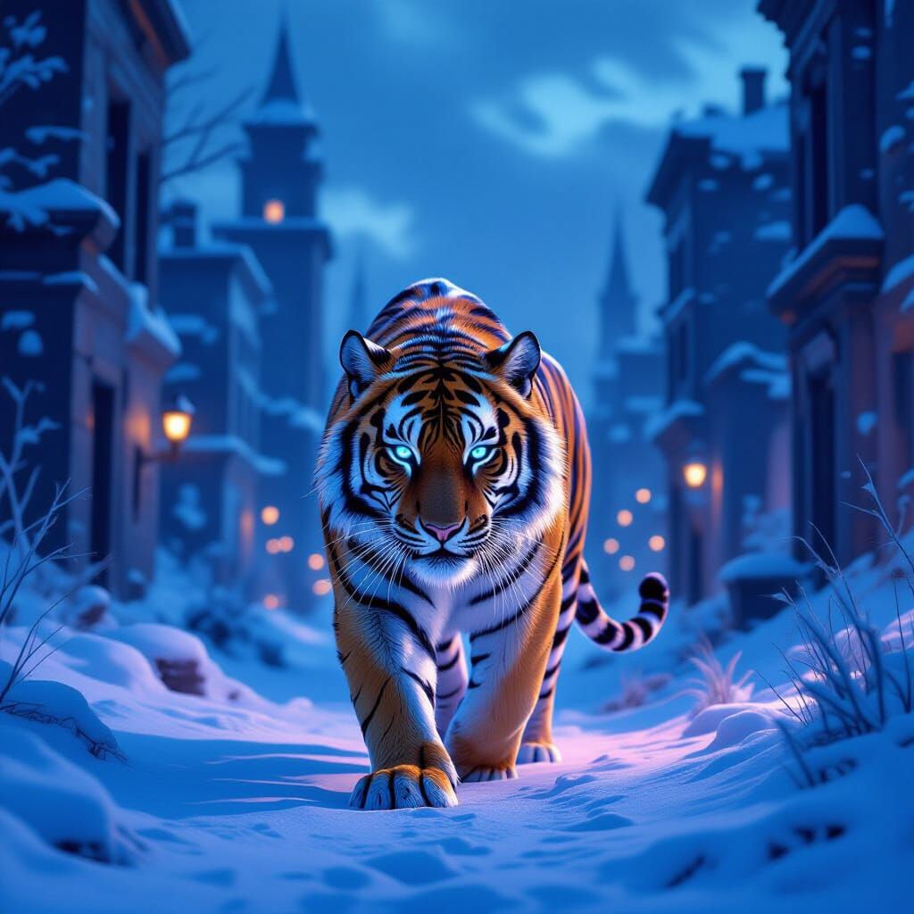 Ethereal Tiger in Snow-Covered Cityscape at Twilight