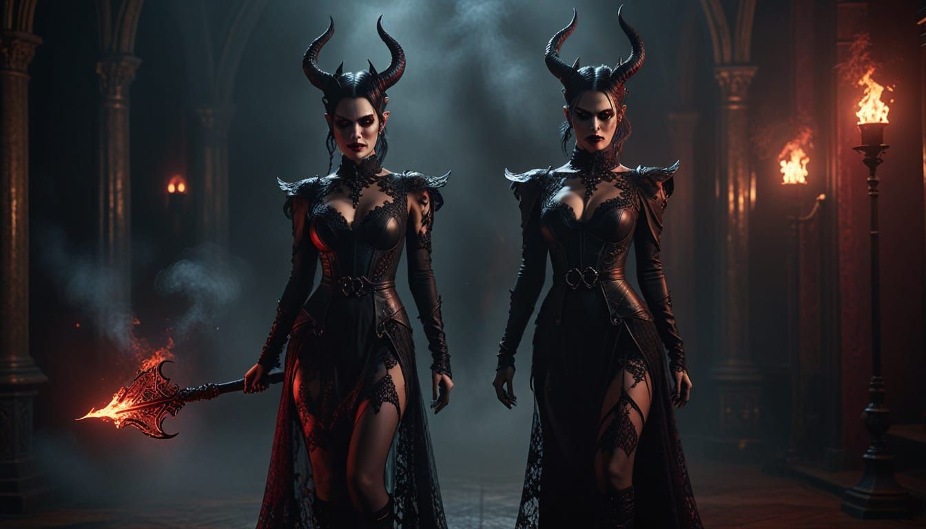 Demonic Woman Posing in Smoky Gothic Atmosphere