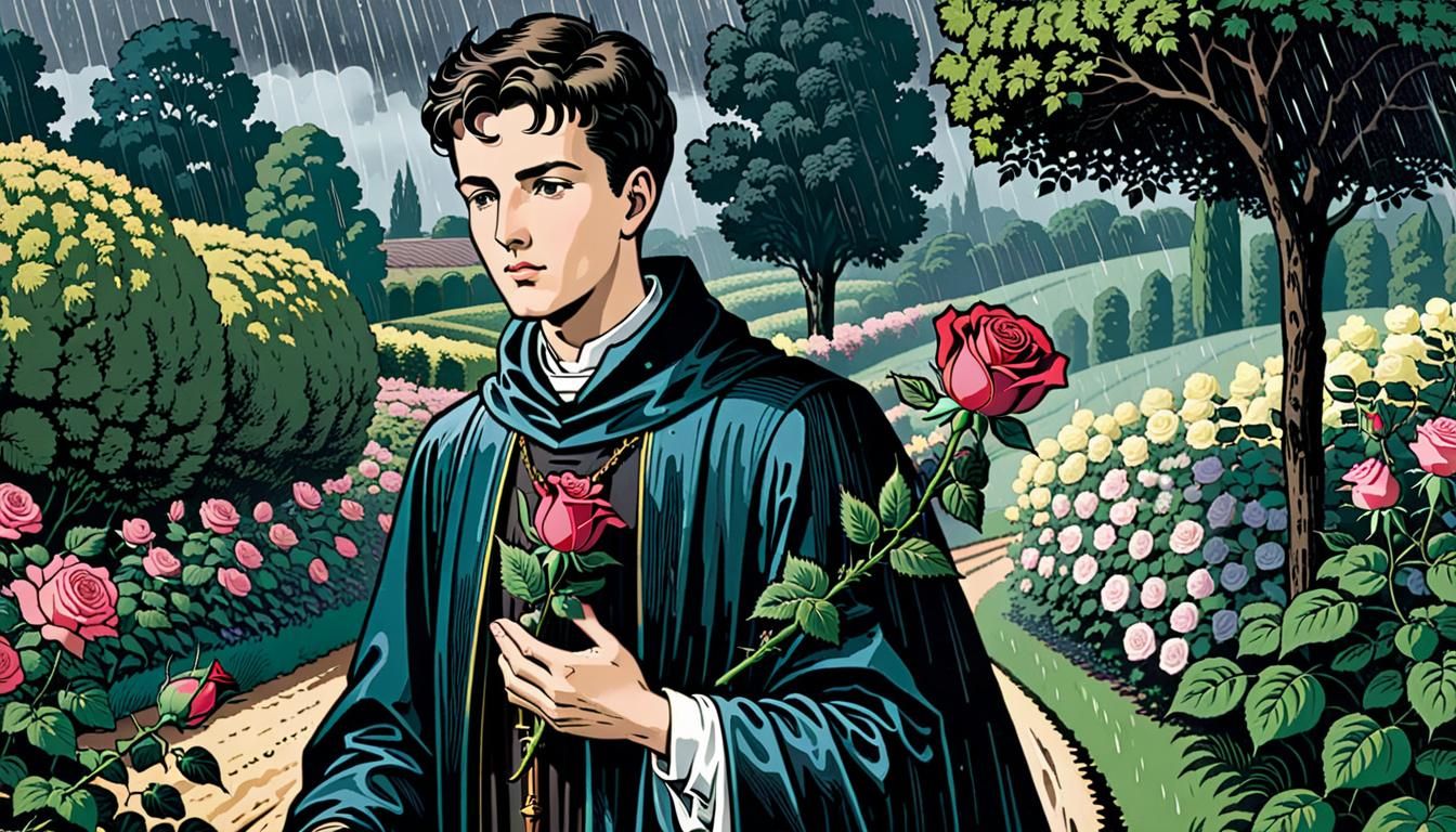 Saint Stephen in Garden, Woodcut Print Style