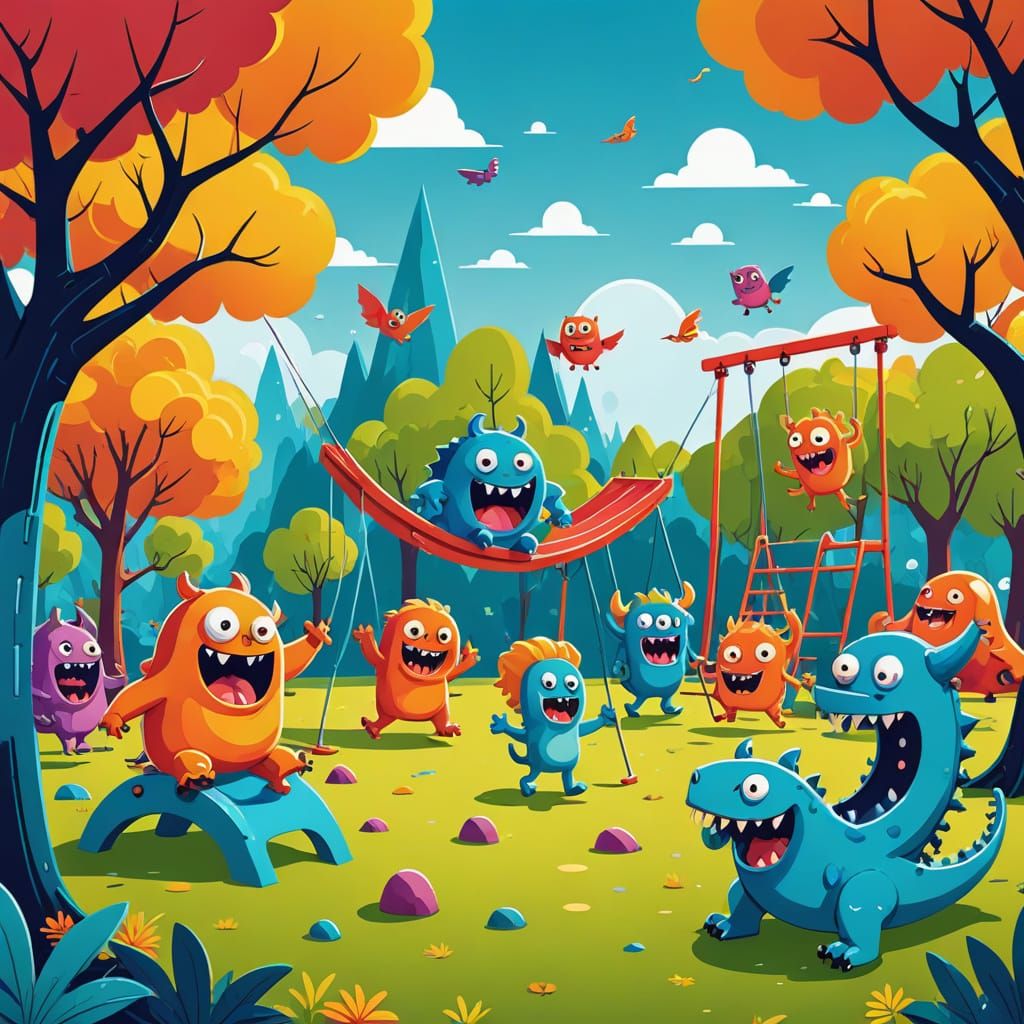 Friendly Monsters Play in Park: 2D Cartoon Art
