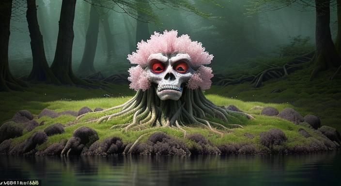 Horrifying Tomato Monster Portrait in Spooky Forest