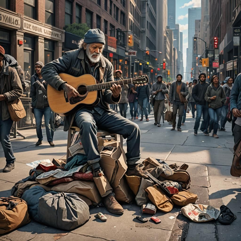 Homeless Guitarist Plays on Chicago Street, Matte Painting