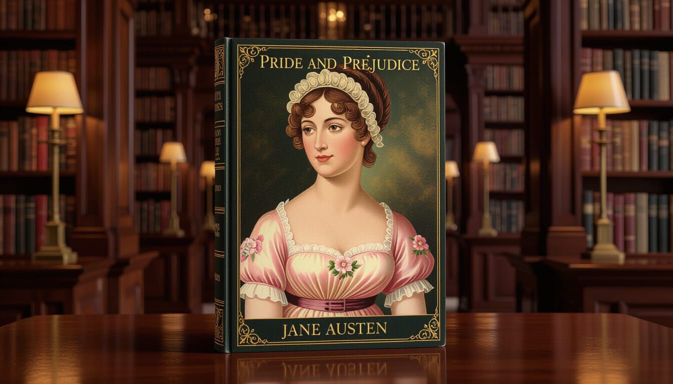 Pride and Prejudice Book Cover in Cozy Library