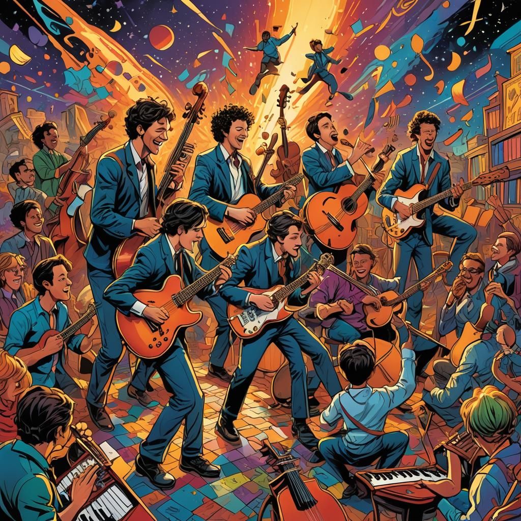 Happy Musicians in a Colorful Comic Book World