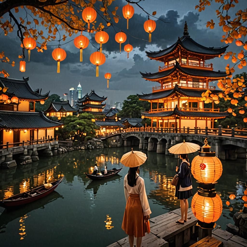 Nighttime East Asian Architecture with Lanterns and River