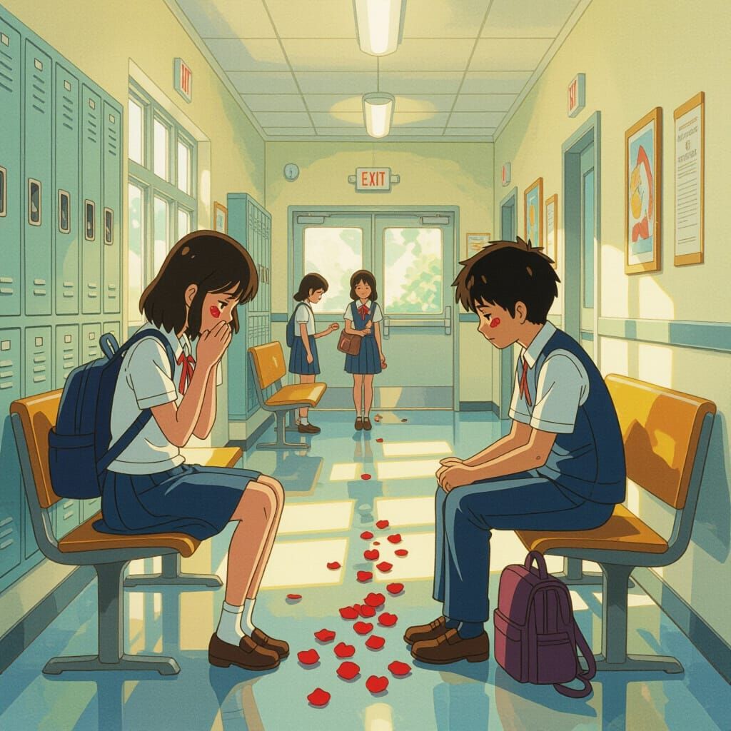 Heartwarming Scene: Boy Comforts Sad Girl in Hallway