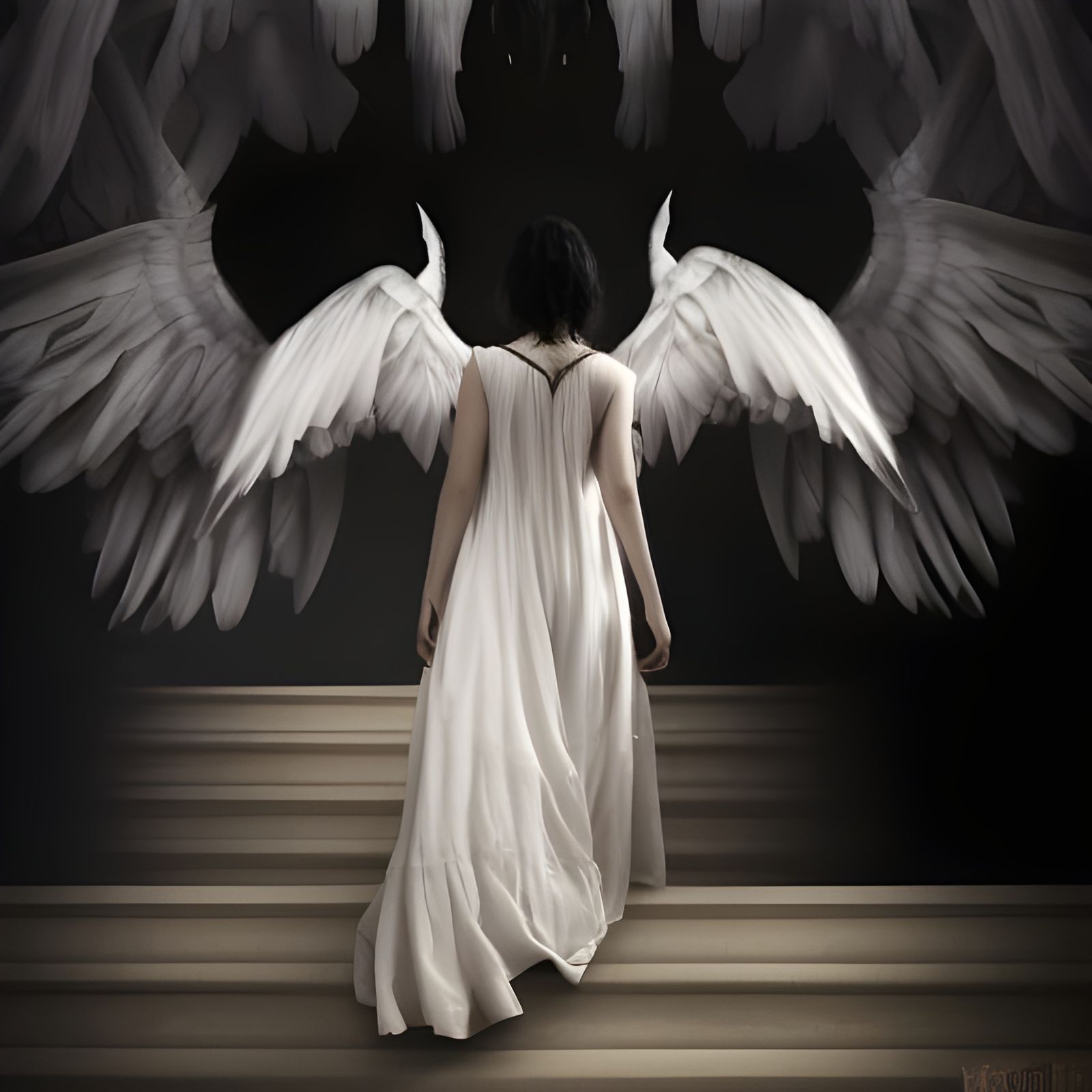 Woman with Black Wings Descending into Darkness