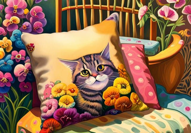Vintage Cat Portrait Cushion in Pastel Colors