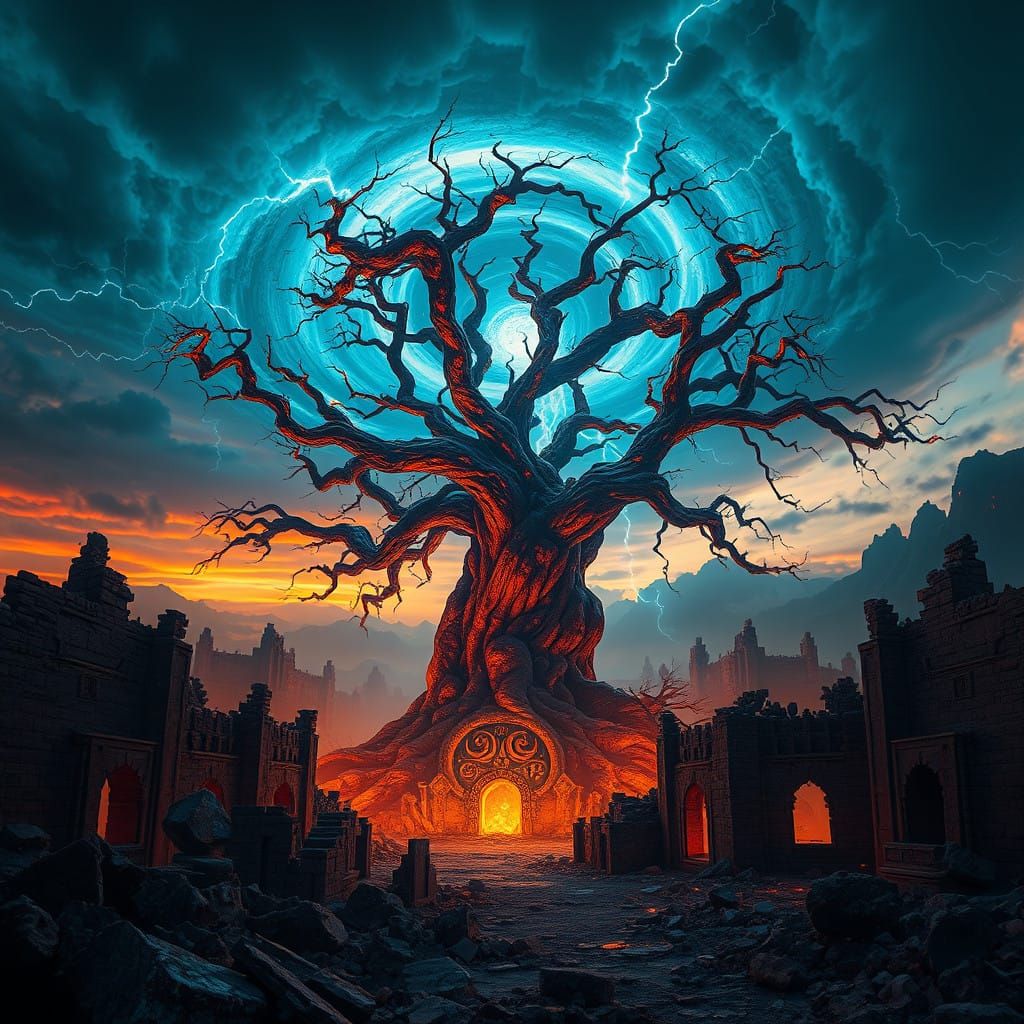 Apocalyptic Dusk: Ancient Tree Amidst Ruins in a Fiery Vorte...