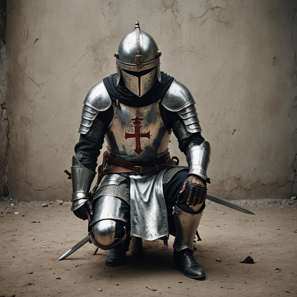 Kneeling Templar Knight Portrait in Ambient Light