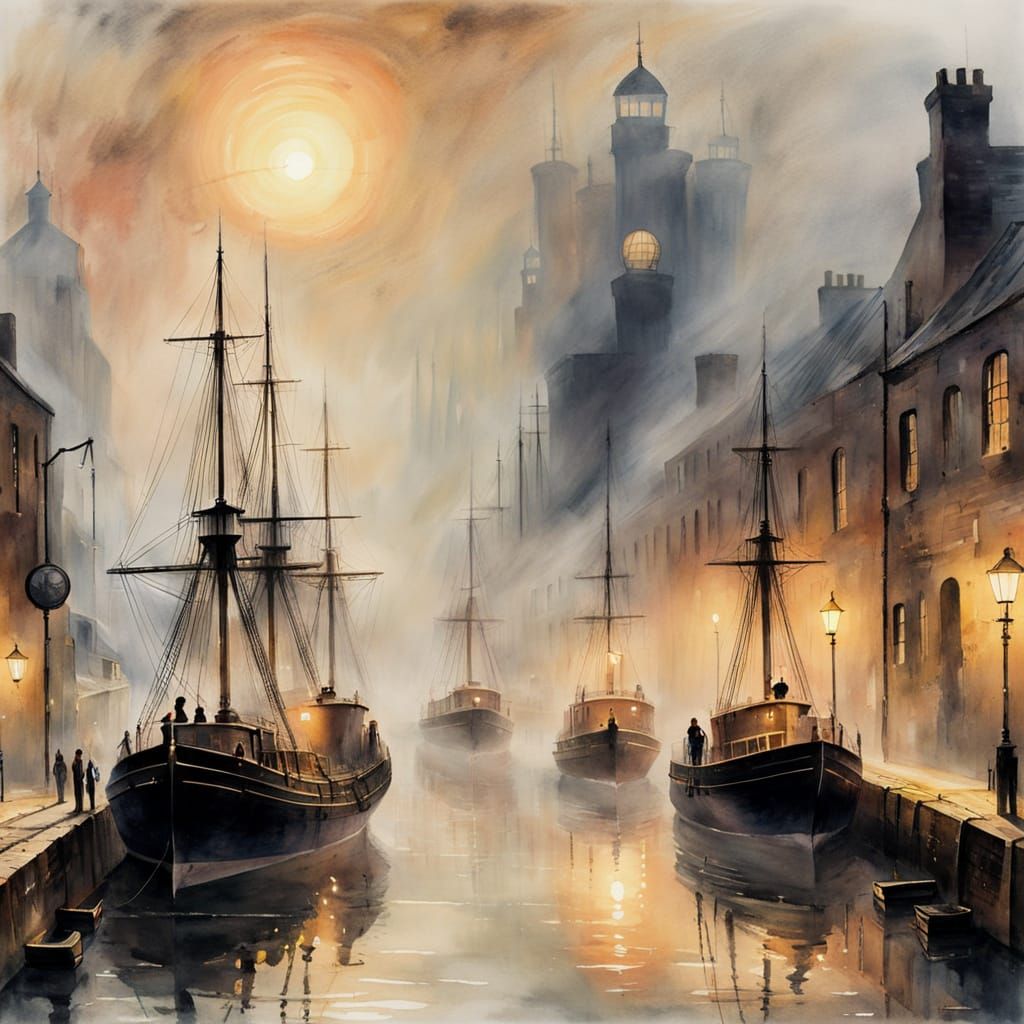 Moody Harbor Scene in Watercolor by JMW Turner