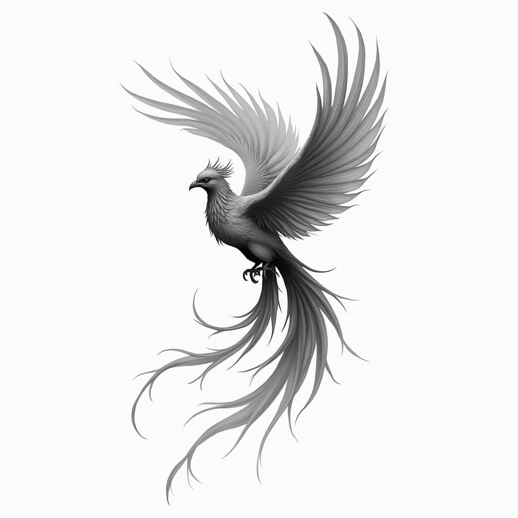 Majestic Grayscale Phoenix in Dynamic Movement