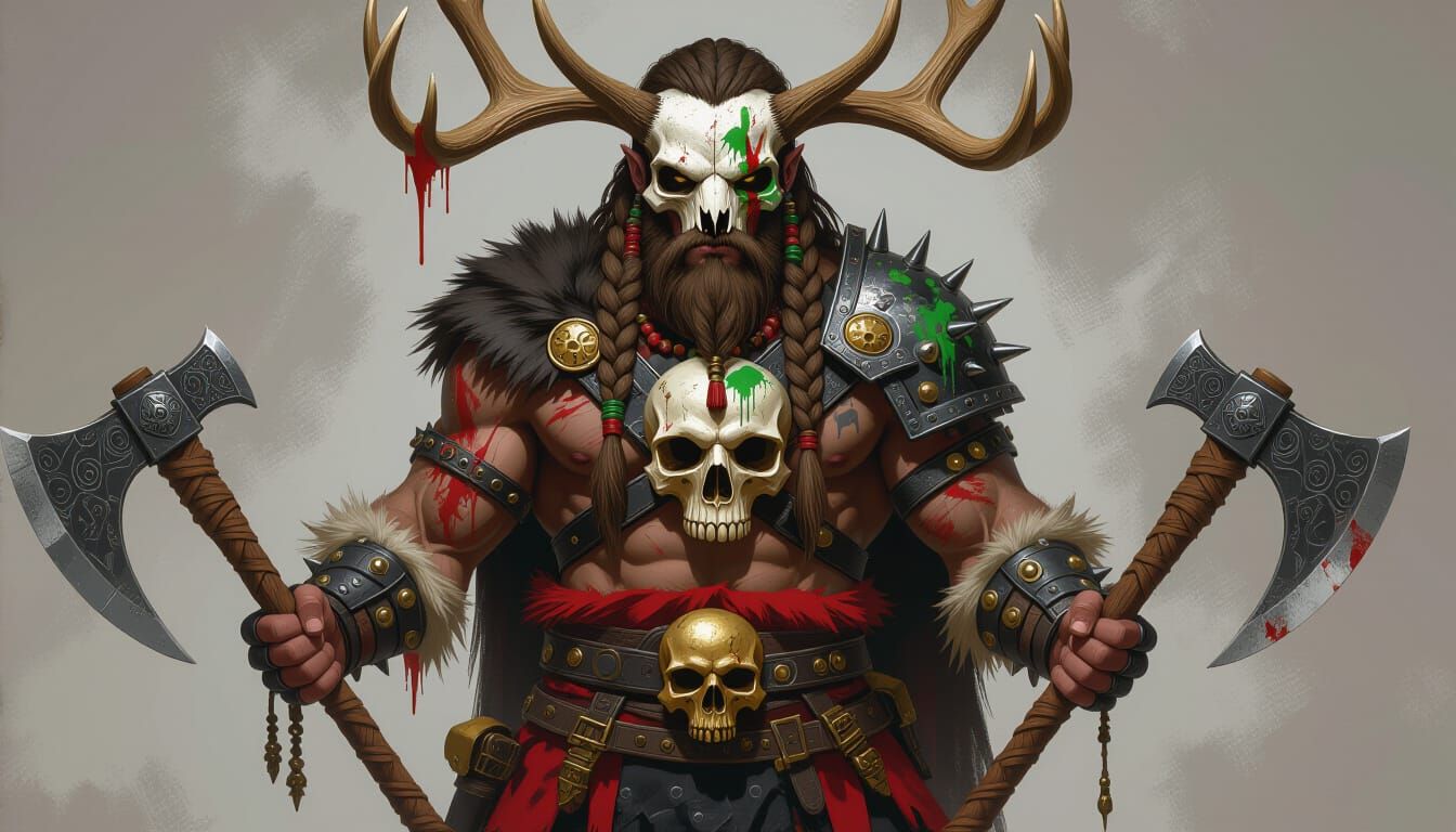 Barbarian Warrior with Elk Skull, Hyperdetailed Digital Art