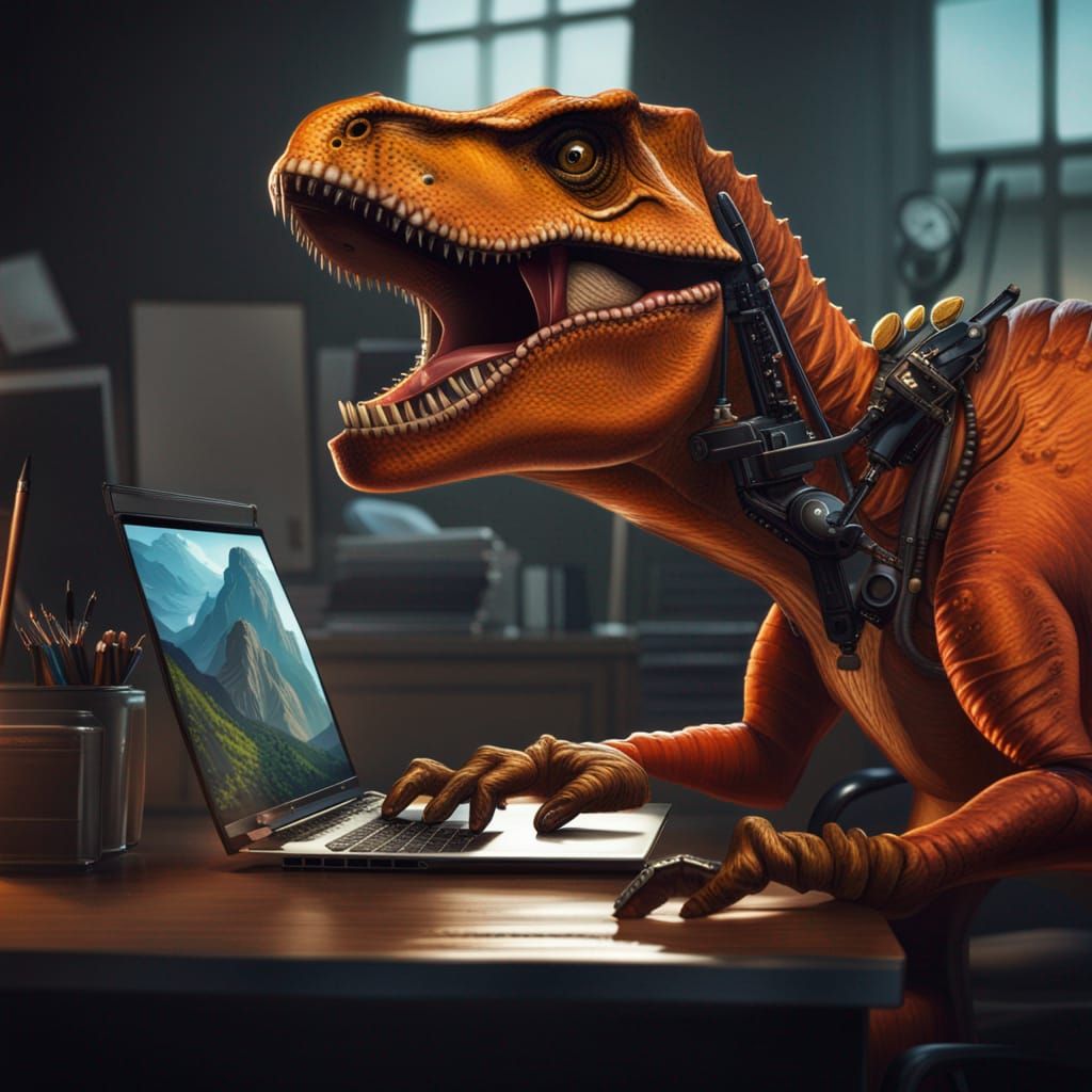 Orange T-Rex Dinosaur Fixes Laptop, Hyperrealistic Art