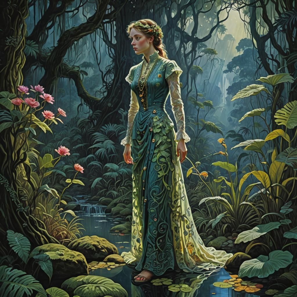 Lush Jungle Scene in Impressionist Style