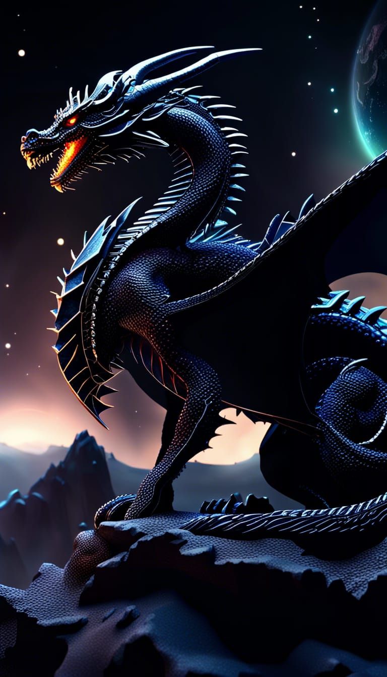 Epic Black Dragon Dominates Alien World in 3D