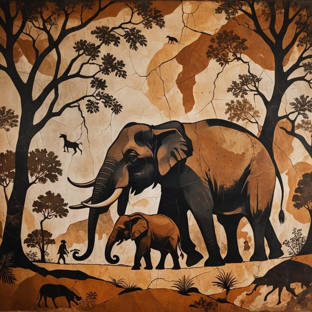 Prehistoric Cave Painting of Elephant and Human