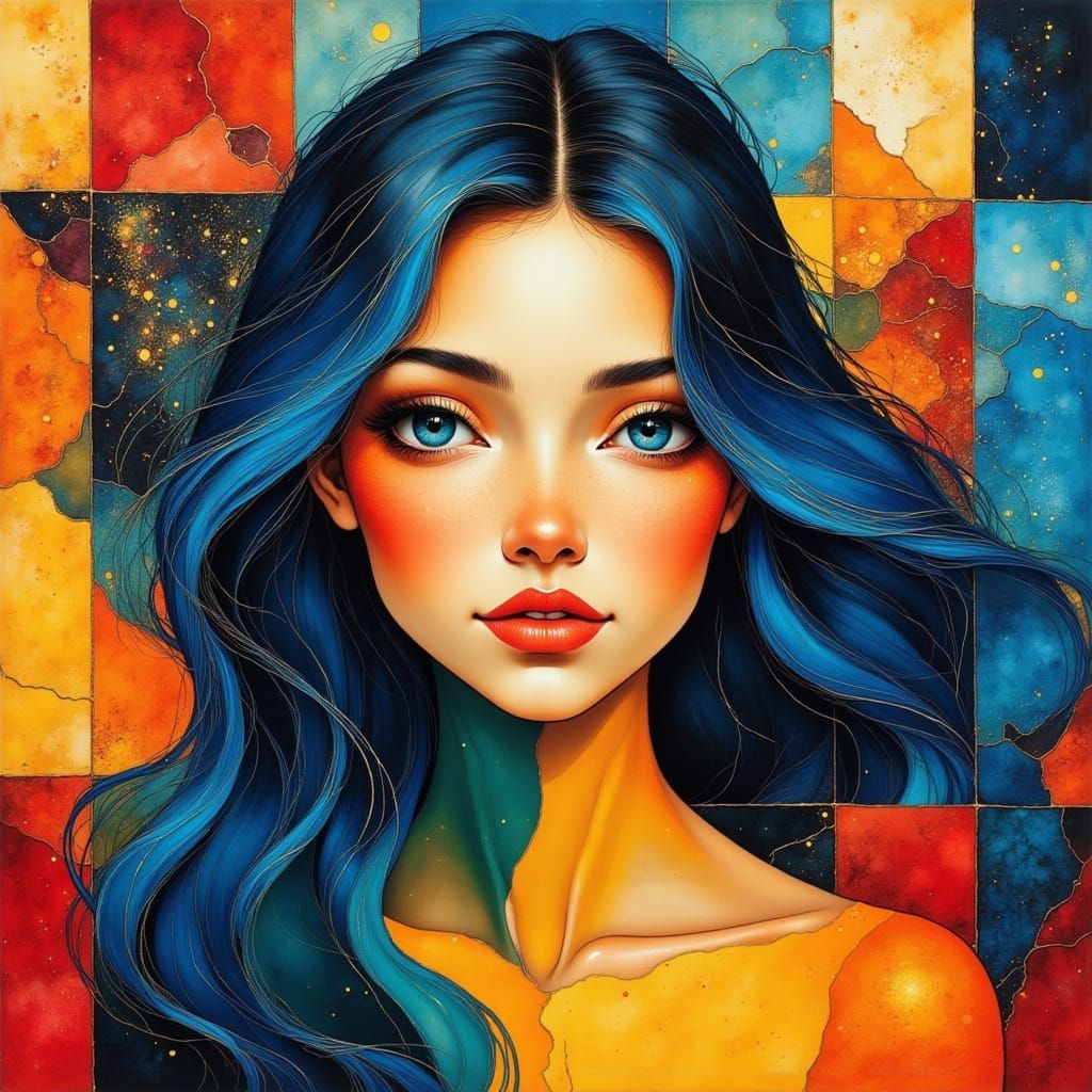 Geometric Abstract Woman with Blue Hair and Eyes