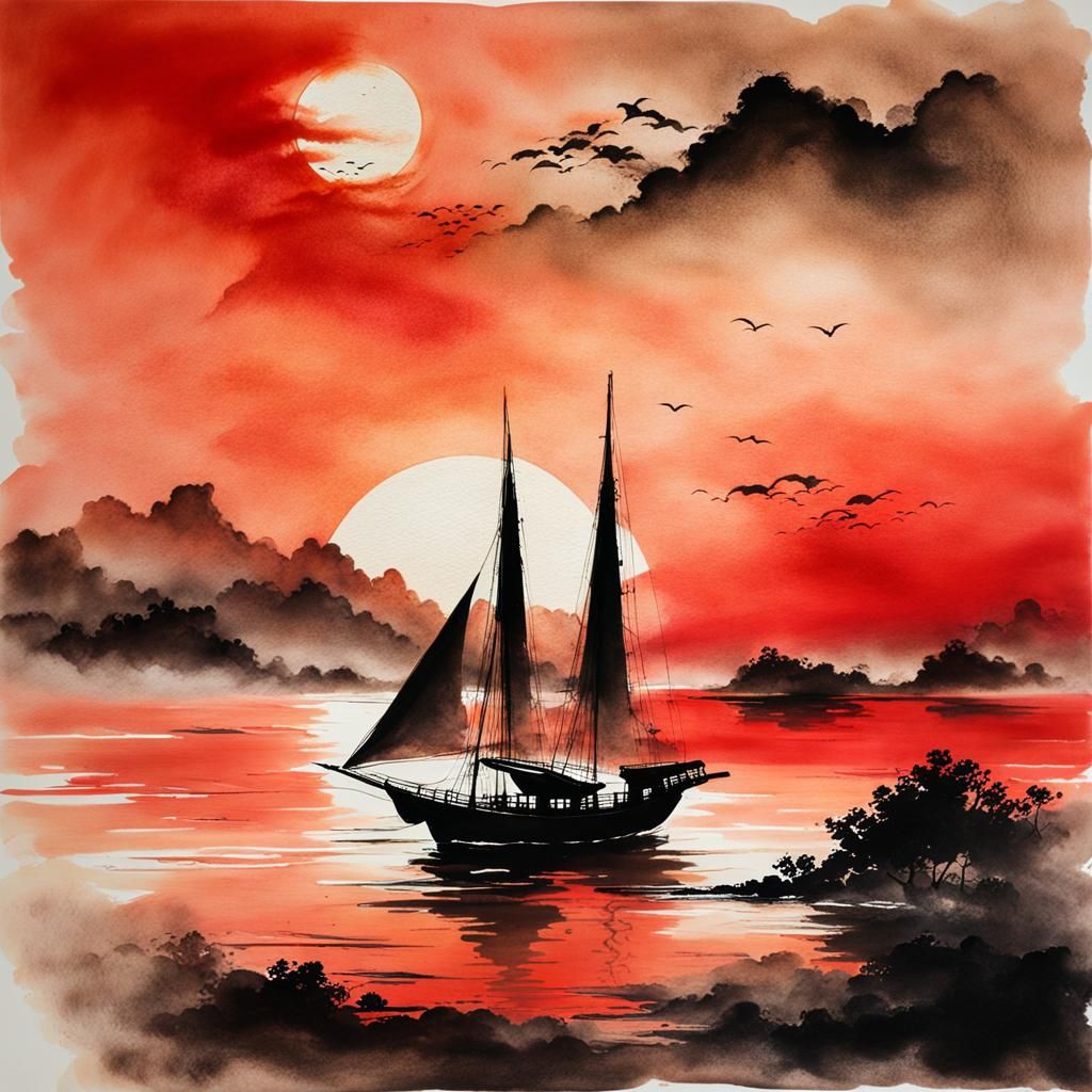 Traditional Sailboat at Sunset in Chinese Ink Style
