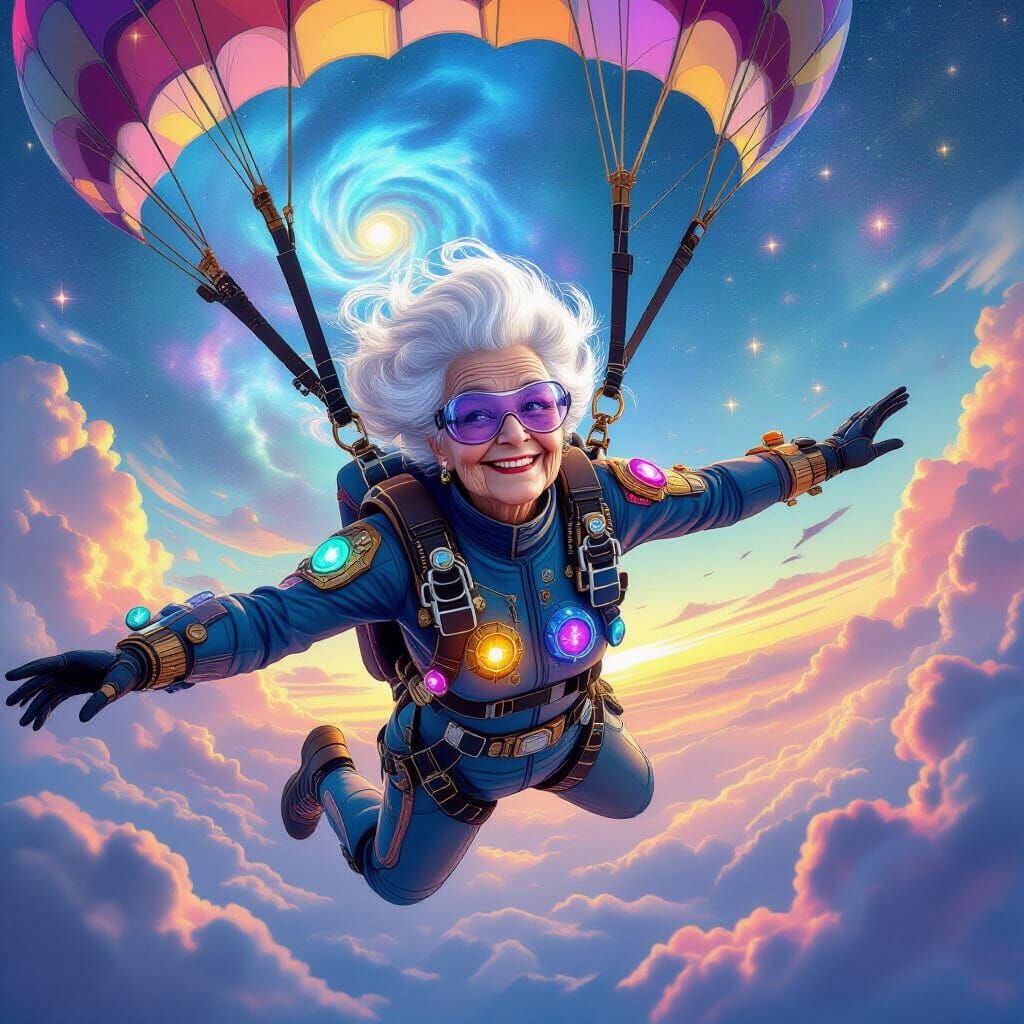 Elderly Woman Skydiving Through Nebula in Surreal Style