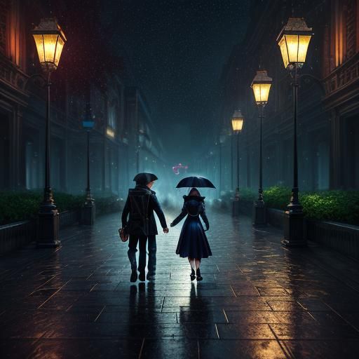 Couple Walks in Rainy Night: Detailed Matte Painting