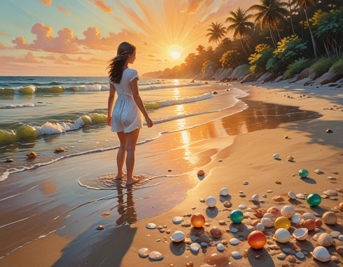 Impressionist Beach Scene with Golden Sunset and Seashells