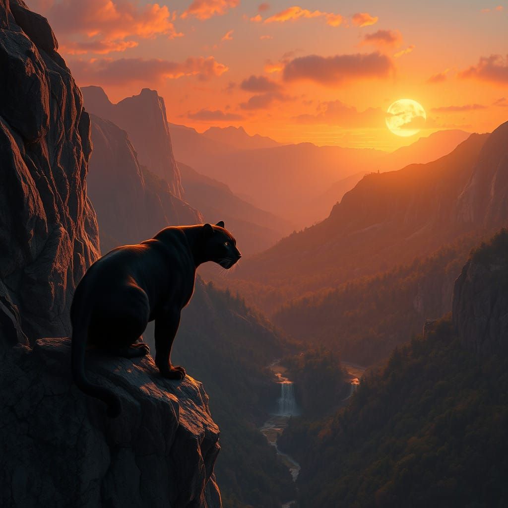 Ethereal Panther in Amber Dusk Landscape