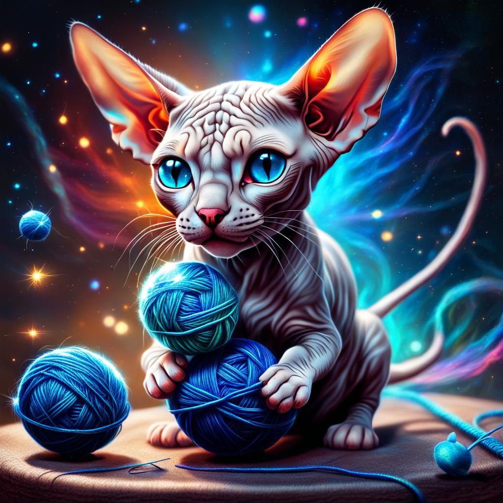 Blue-Eyed Sphynx Kitten in Holographic Astral Style