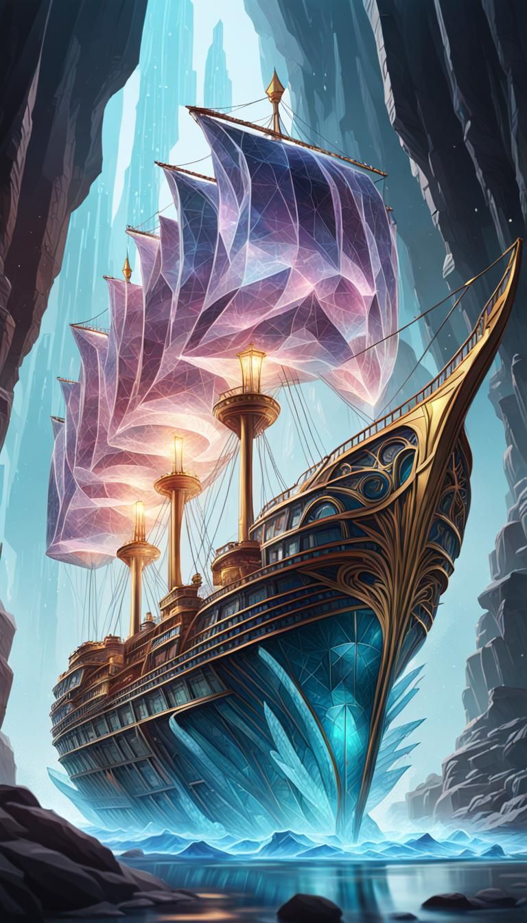 Hyperrealistic Crystal Ship in Art Nouveau Style