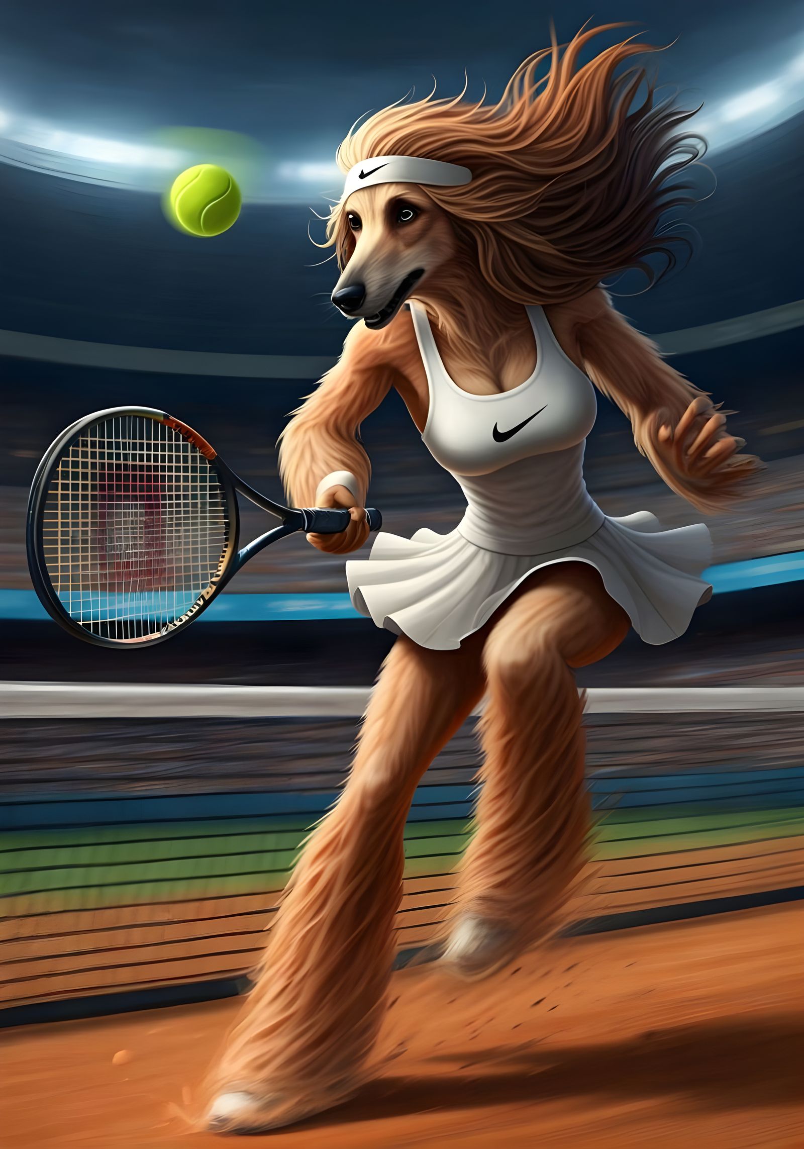 Hyperrealistic Afghan Hound Tennis Champion in Comic Style