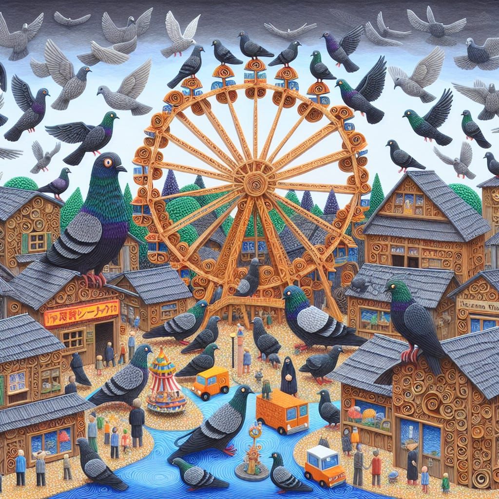 Pigeons Dominate Quaint Town in Paper Quilling Style