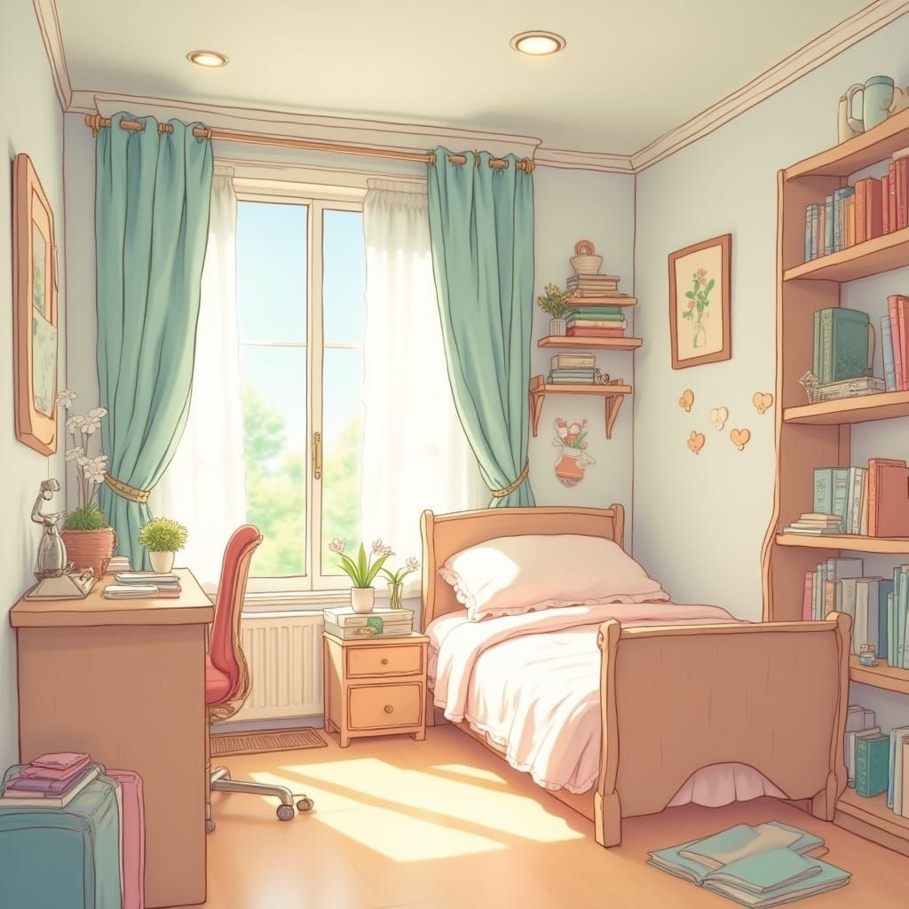 Anime Bedroom Interior in Watercolor Style