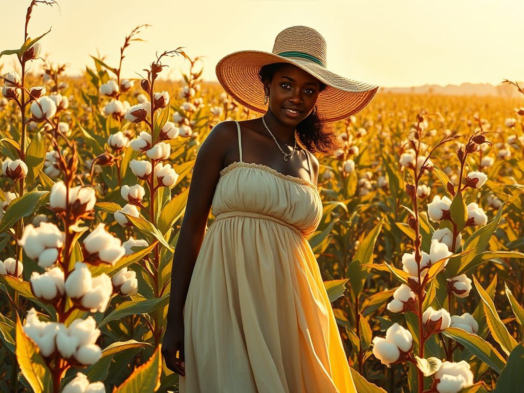 African American Woman Harvests Cotton in Sun-Drenched Field