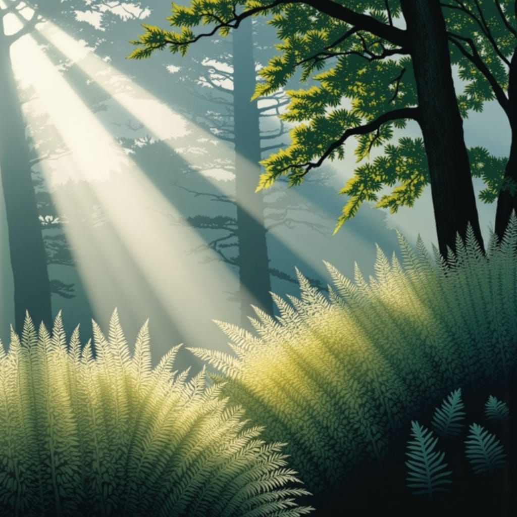 Sunlit Dewdrops on Ferns in Misty Forest
