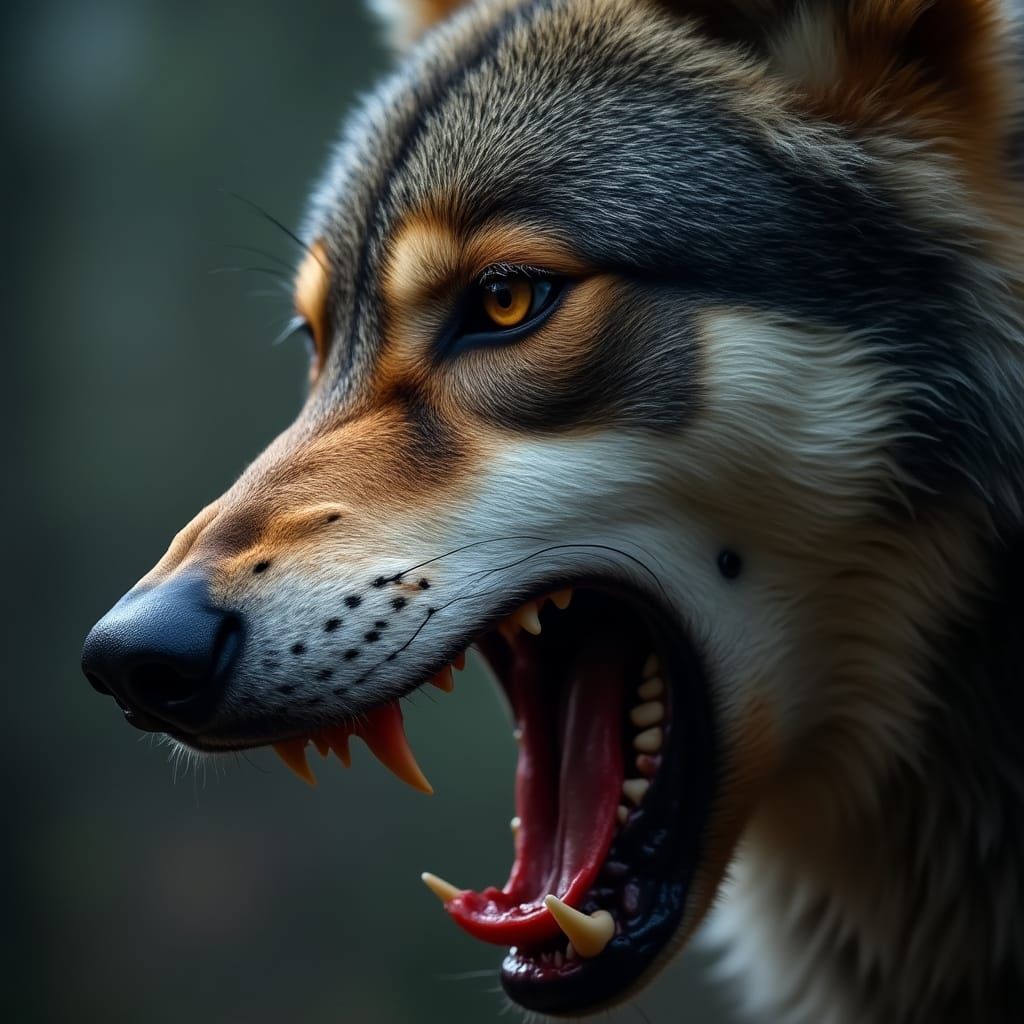 Intense Close-Up of a Wolf's Snarling Face