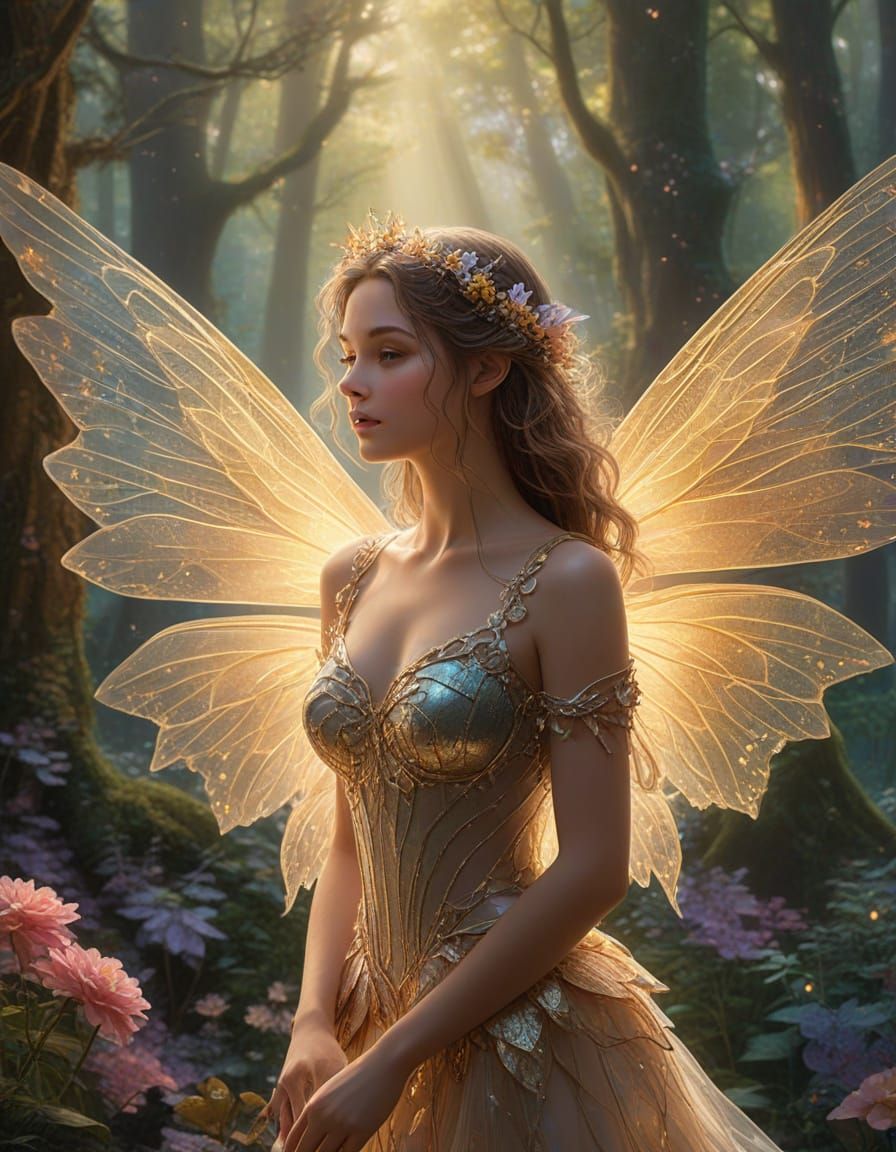 Ethereal Fairy with Translucent Wings in Dreamy Forest