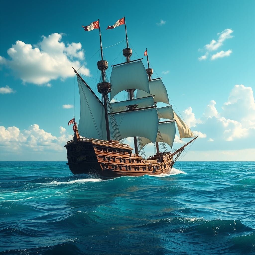 Galleon on Turquoise Seas in Dreamlike Fantasy Style