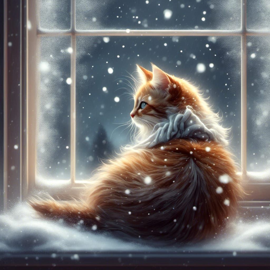 Kitten Watching Snowfall From Window