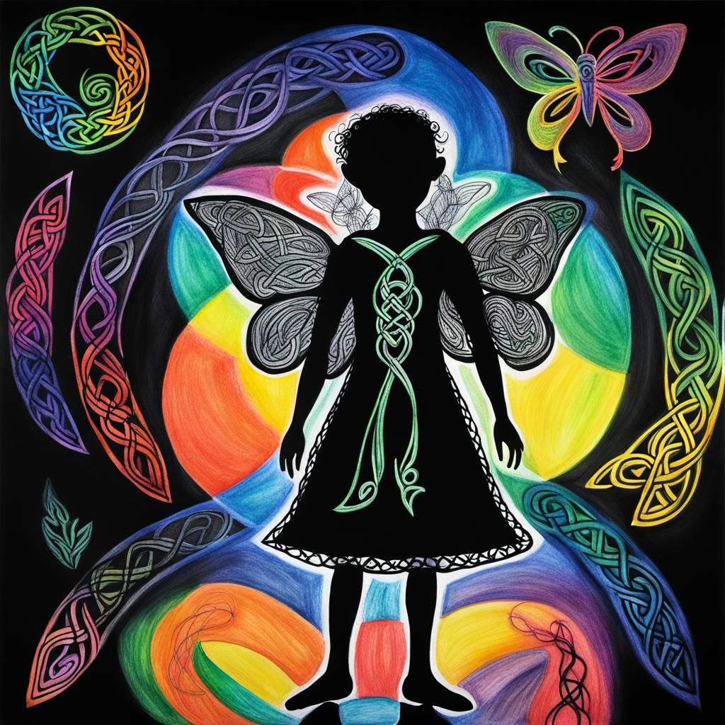Surreal Celtic Fairy Silhouette in Crayon Style